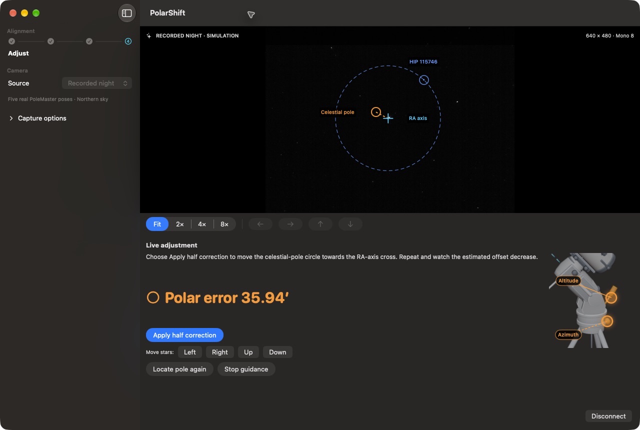 PolarShift live adjustment screen with a simulated star field, the measured RA axis and the celestial pole.